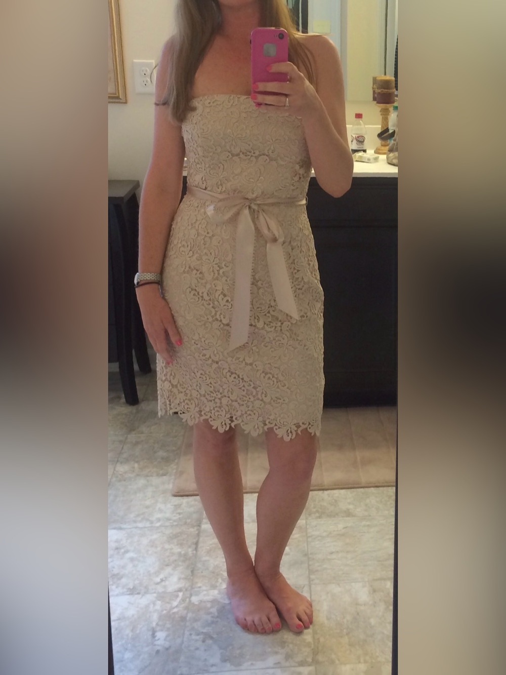 Adrianna Papell Champagne Lace Dress with Satin Waist Tie